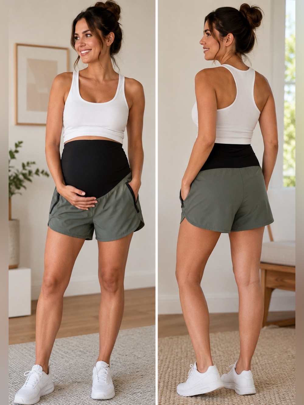 Mayernity Olive Green Maternity Athletic Shorts with Black Support Panel